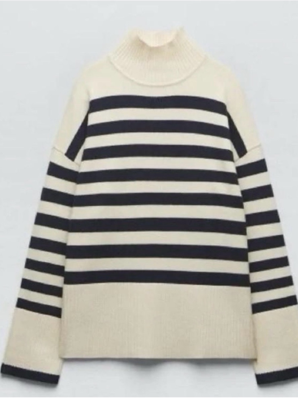 NWT Zara Striped Mock Neck Knit Sweater Ivory/ Navy